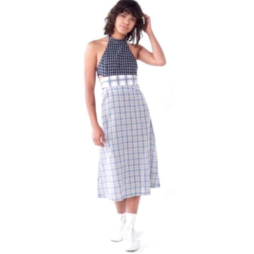 Urban Outfitters UO Blue Mixed Plaid Apron Halter Midi Dress S